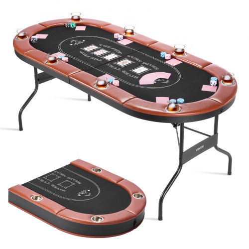 Hopfällbart pokerbord, 8 spelare 1828,8 mm hopfällbart kasinobord med vadderade skenor och mugghållare, ovala bärbara spelbord med filt- och metallben, för Texas Hold'em-spel och Blackjack