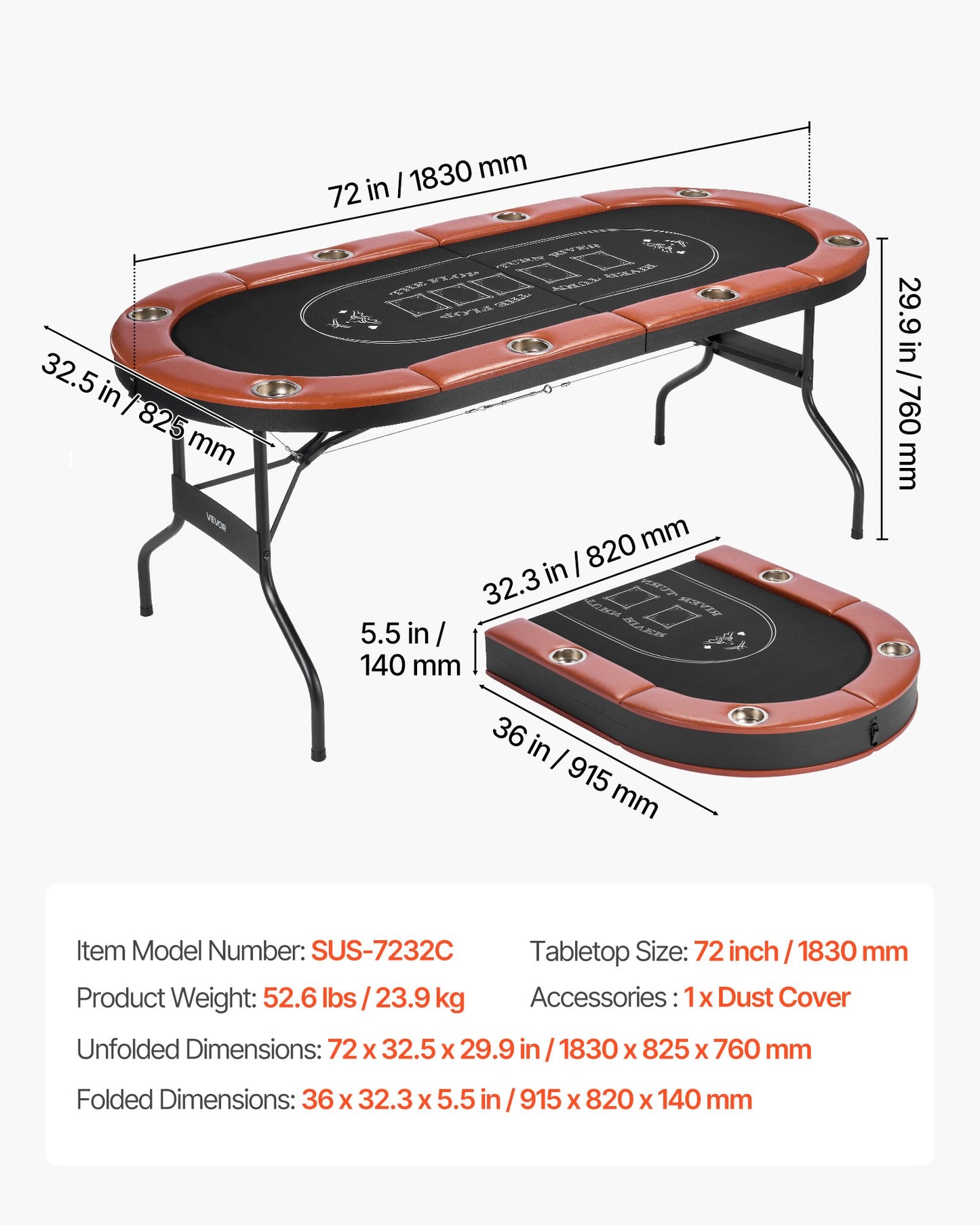 Hopfällbart pokerbord, 8 spelare 1828,8 mm hopfällbart kasinobord med vadderade skenor och mugghållare, ovala bärbara spelbord med filt- och metallben, för Texas Hold'em-spel och Blackjack