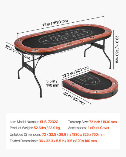 Hopfällbart pokerbord, 8 spelare 1828,8 mm hopfällbart kasinobord med vadderade skenor och mugghållare, ovala bärbara spelbord med filt- och metallben, för Texas Hold'em-spel och Blackjack