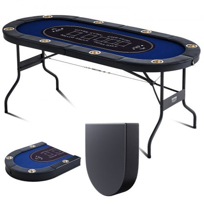Hopfällbart pokerbord för 8 spelare, Blackjack Texas Holdem pokerbord med vadderade skenor och mugghållare i rostfritt stål, bärbart hopfällbart kortspelsbord, 1830 mm ovalt kasinobord