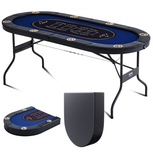 Hopfällbart pokerbord för 8 spelare, Blackjack Texas Holdem pokerbord med vadderade skenor och mugghållare i rostfritt stål, bärbart hopfällbart kortspelsbord, 1830 mm ovalt kasinobord