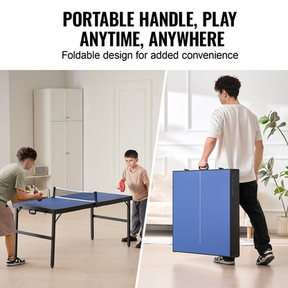 Pingisbord, medelstort bordtennisspel, inomhusbordtennisbord i MDF, hopfällbart och bärbart komplett pingisbordsset med nät, 2 paddlar, 3 bollar, bärväska, handtag (ingen montering krävs)