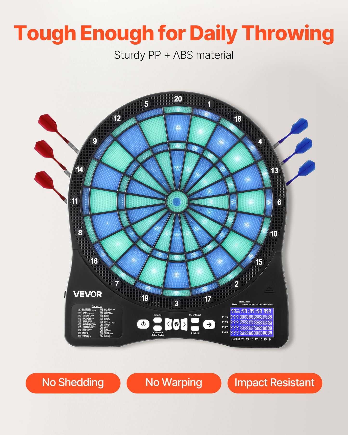 Elektronisk darttavla, LED-belyst darttavla med 48 spel och 500+ varianter, inkluderar 6 dartskaft med flights och 50 mjuka spetsar, LCD-skärm för cricketpoäng - stöder upp till 8 spelare