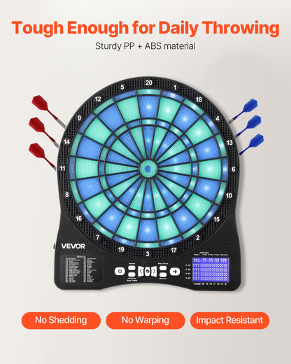 Elektronisk darttavla, LED-belyst darttavla med 48 spel och 500+ varianter, inkluderar 6 dartskaft med flights och 50 mjuka spetsar, LCD-skärm för cricketpoäng - stöder upp till 8 spelare