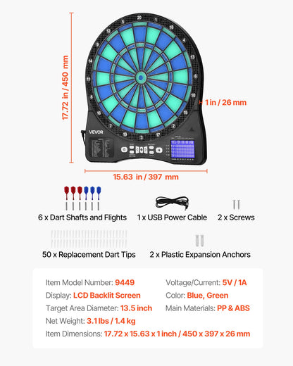 Elektronisk darttavla, LED-belyst darttavla med 48 spel och 500+ varianter, inkluderar 6 dartskaft med flights och 50 mjuka spetsar, LCD-skärm för cricketpoäng - stöder upp till 8 spelare