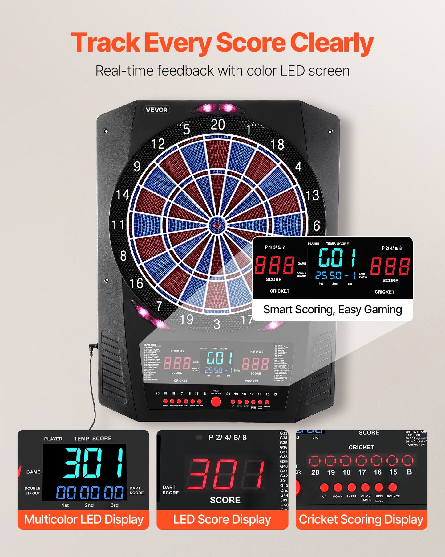 Elektronisk darttavla, 336 mm måldarttavla med 45 spel och 474 varianter för upp till 8 spelare, 6 dartskaft med flights och 50 mjuka spetsar, färgad LED-cricketpoängskärm för hemmafestbaren