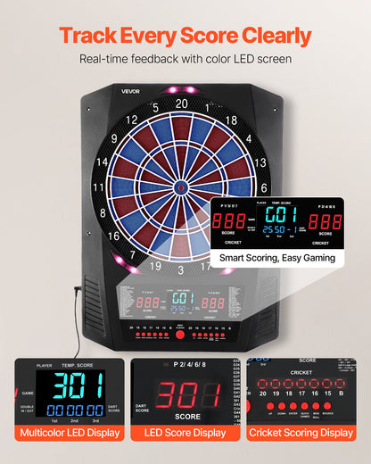 Elektronisk darttavla, 336 mm måldarttavla med 45 spel och 474 varianter för upp till 8 spelare, 6 dartskaft med flights och 50 mjuka spetsar, färgad LED-cricketpoängskärm för hemmafestbaren