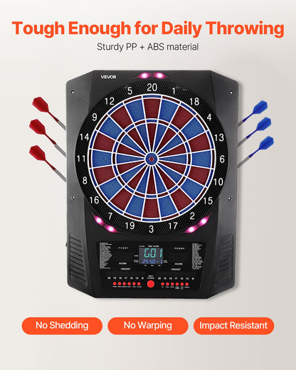 Elektronisk darttavla, 336 mm måldarttavla med 45 spel och 474 varianter för upp till 8 spelare, 6 dartskaft med flights och 50 mjuka spetsar, färgad LED-cricketpoängskärm för hemmafestbaren