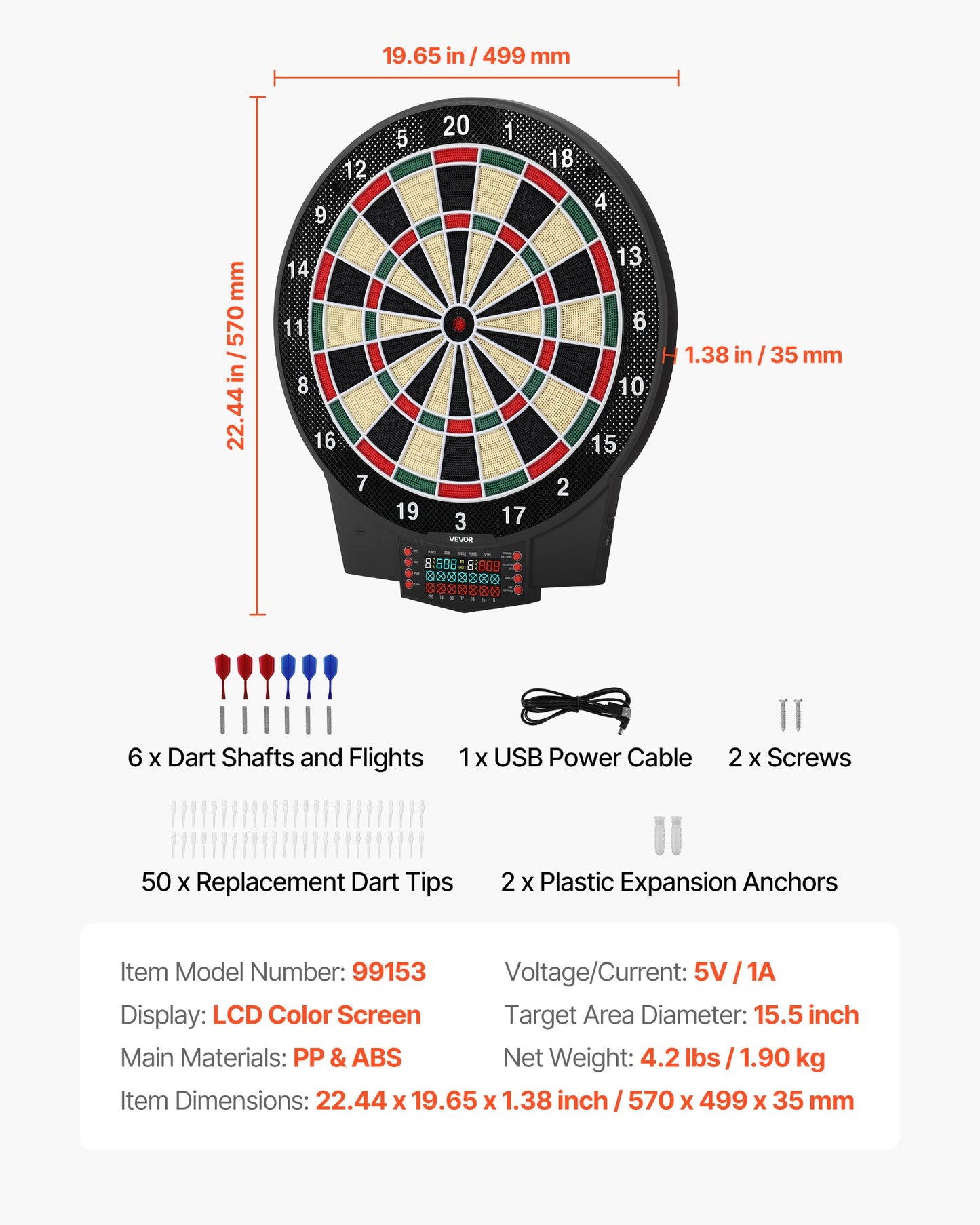Elektronisk darttavla, 391 mm måldarttavla med 43 spel och 320+ varianter för upp till 8 spelare, 6 dartskaft med flights och 50 mjuka spetsar, LCD-färgskärm för spelrum för hemmafester