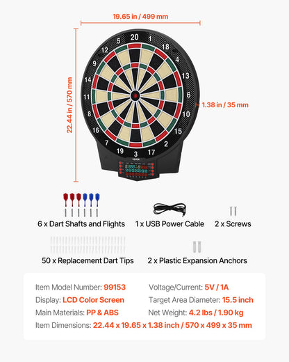 Elektronisk darttavla, 391 mm måldarttavla med 43 spel och 320+ varianter för upp till 8 spelare, 6 dartskaft med flights och 50 mjuka spetsar, LCD-färgskärm för spelrum för hemmafester