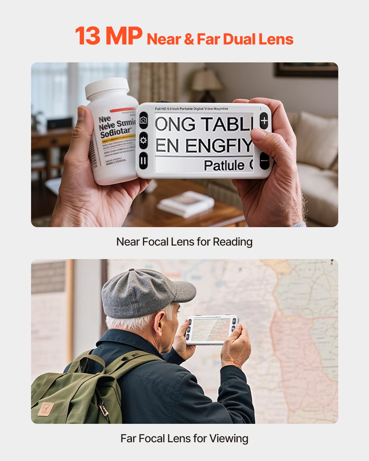 Portable Digital Magnifier, 127mm HD Electronic Video Magnifier for Low Version, 2X - 48X Electronic Reading Aid with 13MP Near & Far Dual Lens, 26 Color Mode, AV/HDMI Output & Foldable Handle