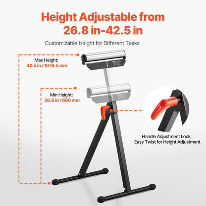 2-pack rullstativ, 135 lb lastkapacitet, 26,8-42,5" justerbar höjd, hopfällbar kraftig design med 11,5" polerat stålrullhuvud, för bordssågens utmatning, träbearbetningsförlängningsstöd