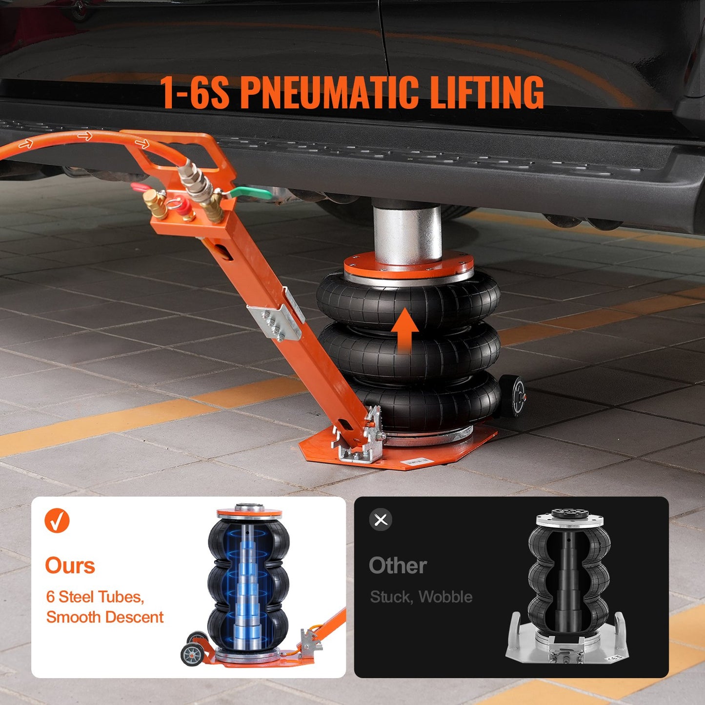Luftdomkraft, 3 ton/6600 lbs, 1-6S pneumatisk domkraft med förhöjd kolumn och justerbart handtag, kompakt, lättlyftbar och platsbesparande domkraft med tjock gummikudde, passar sedan, SUV, pickup