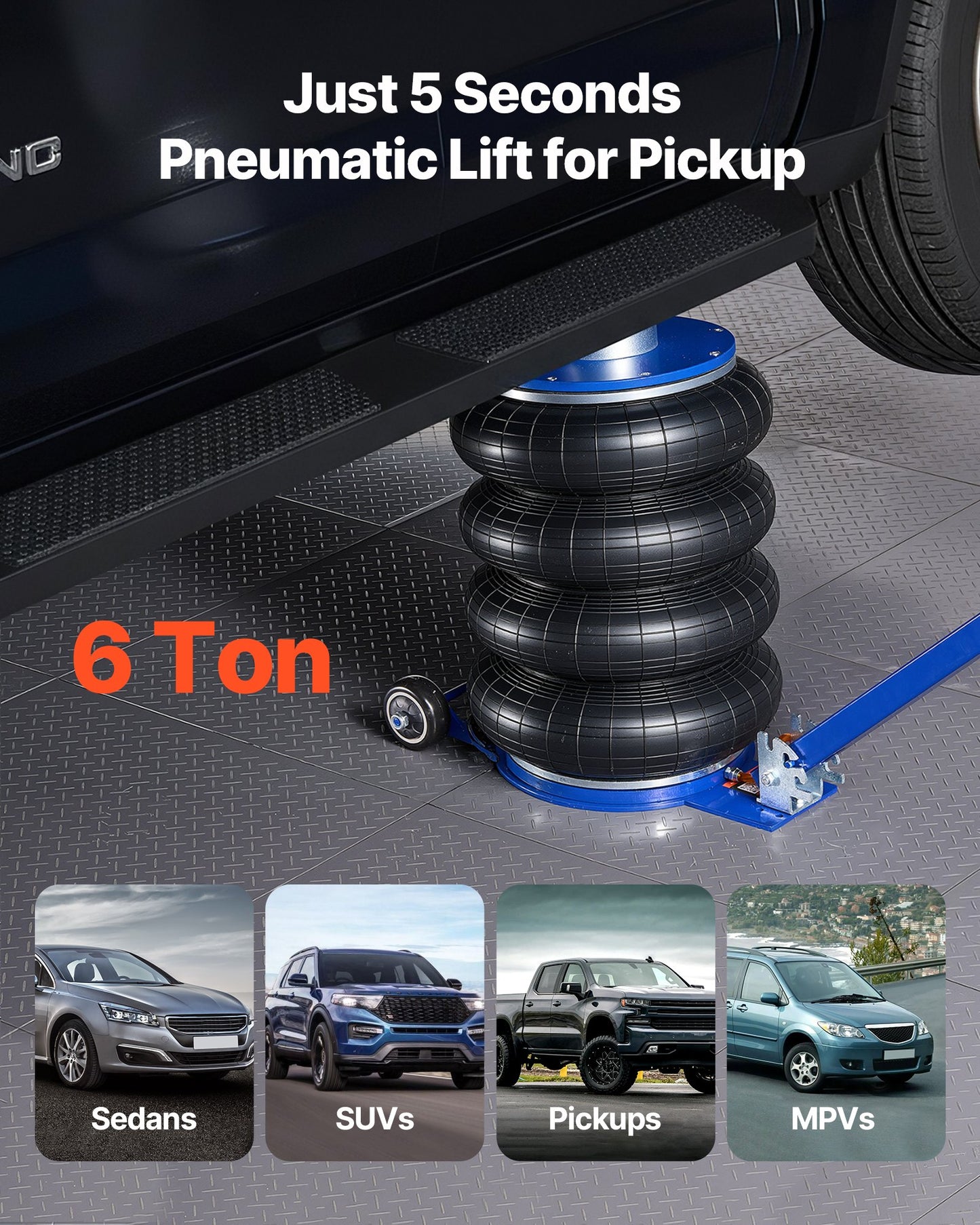 Air Jack, 6 Ton Quadruple Bag Airbag Jack, Lift Up to 673 mm with Heightened Column, Adjustable Handle & Thick Rubber Pad, 2-5 s Fast Lifting Pneumatic for Car, SUV, Pickup Truck Repair, Garage