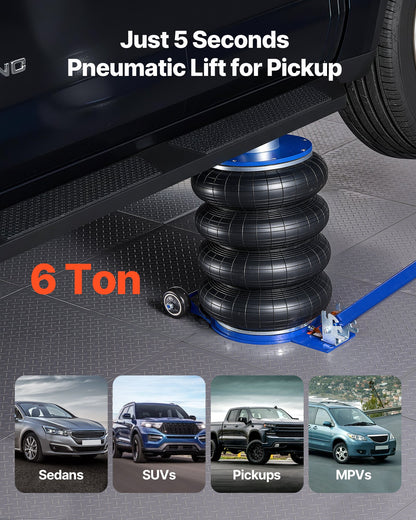 Air Jack, 6 Ton Quadruple Bag Airbag Jack, Lift Up to 673 mm with Heightened Column, Adjustable Handle & Thick Rubber Pad, 2-5 s Fast Lifting Pneumatic for Car, SUV, Pickup Truck Repair, Garage