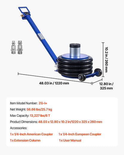 Air Jack, 6 Ton Quadruple Bag Airbag Jack, Lift Up to 673 mm with Heightened Column, Adjustable Handle & Thick Rubber Pad, 2-5 s Fast Lifting Pneumatic for Car, SUV, Pickup Truck Repair, Garage