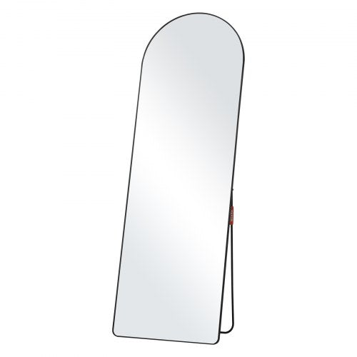 Böjd helkroppsspegel, 65" x 22", stor fristående lutande hängande väggmonterad golvspegel med stativ, aluminiumram, helkroppsspegel för vardagsrum/sovrum, svart