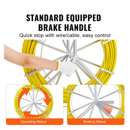 Fisktejp glasfiber, 150,3 m, 8,0 mm, kanalstång fisktejptrådsavdragare, kabeldragningsstång med stålrulleställ, 3 draghuvuden, fiskeverktyg för väggar och elrör, icke-ledande