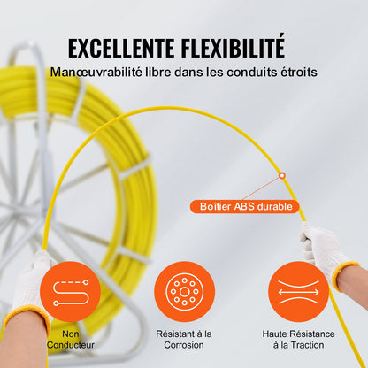 Fisktejp glasfiber, 129,5 m, 6,4 mm, kanalstång fisktejptrådsavdragare, kabeldragningsstång med stålrulleställ, 3 draghuvuden, fiskeverktyg för väggar och elrör, icke-ledande