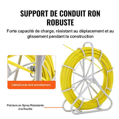 Fisktejp glasfiber, 129,5 m, 6,4 mm, kanalstång fisktejptrådsavdragare, kabeldragningsstång med stålrulleställ, 3 draghuvuden, fiskeverktyg för väggar och elrör, icke-ledande