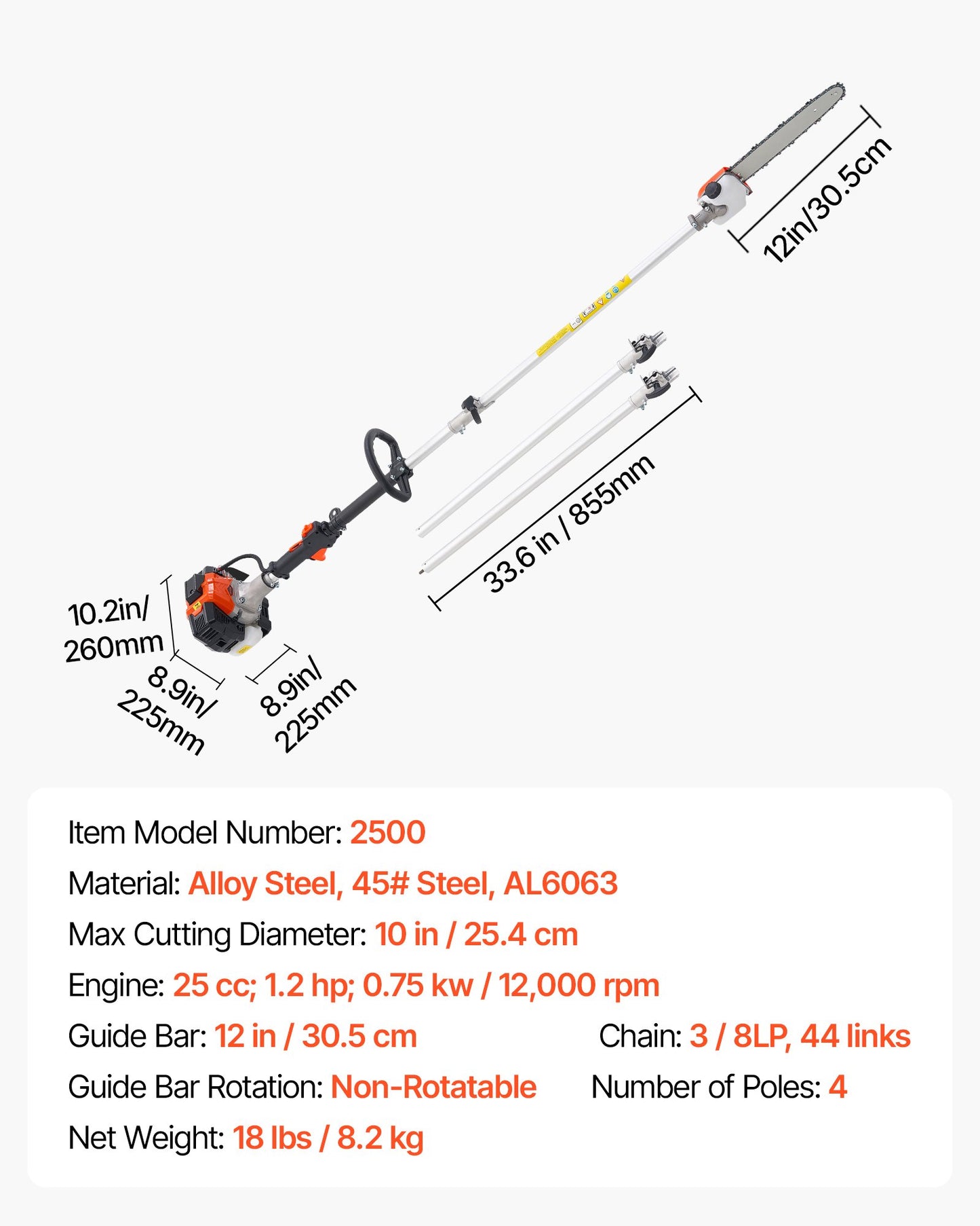 Bensindriven stångsåg, 25CC 2-takts bensindriven stångsåg med 30,5 cm skärsvärd, sladdlös trädtrimmer med 650 ml bränsletank, 2,12 till 3,62 m utdragbar, kraftfull motorsåg för trädbeskärning