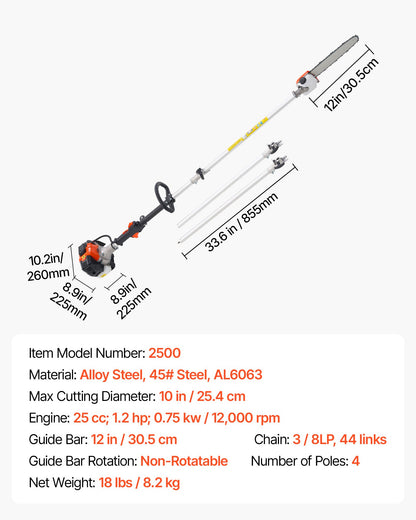 Bensindriven stångsåg, 25CC 2-takts bensindriven stångsåg med 30,5 cm skärsvärd, sladdlös trädtrimmer med 650 ml bränsletank, 2,12 till 3,62 m utdragbar, kraftfull motorsåg för trädbeskärning