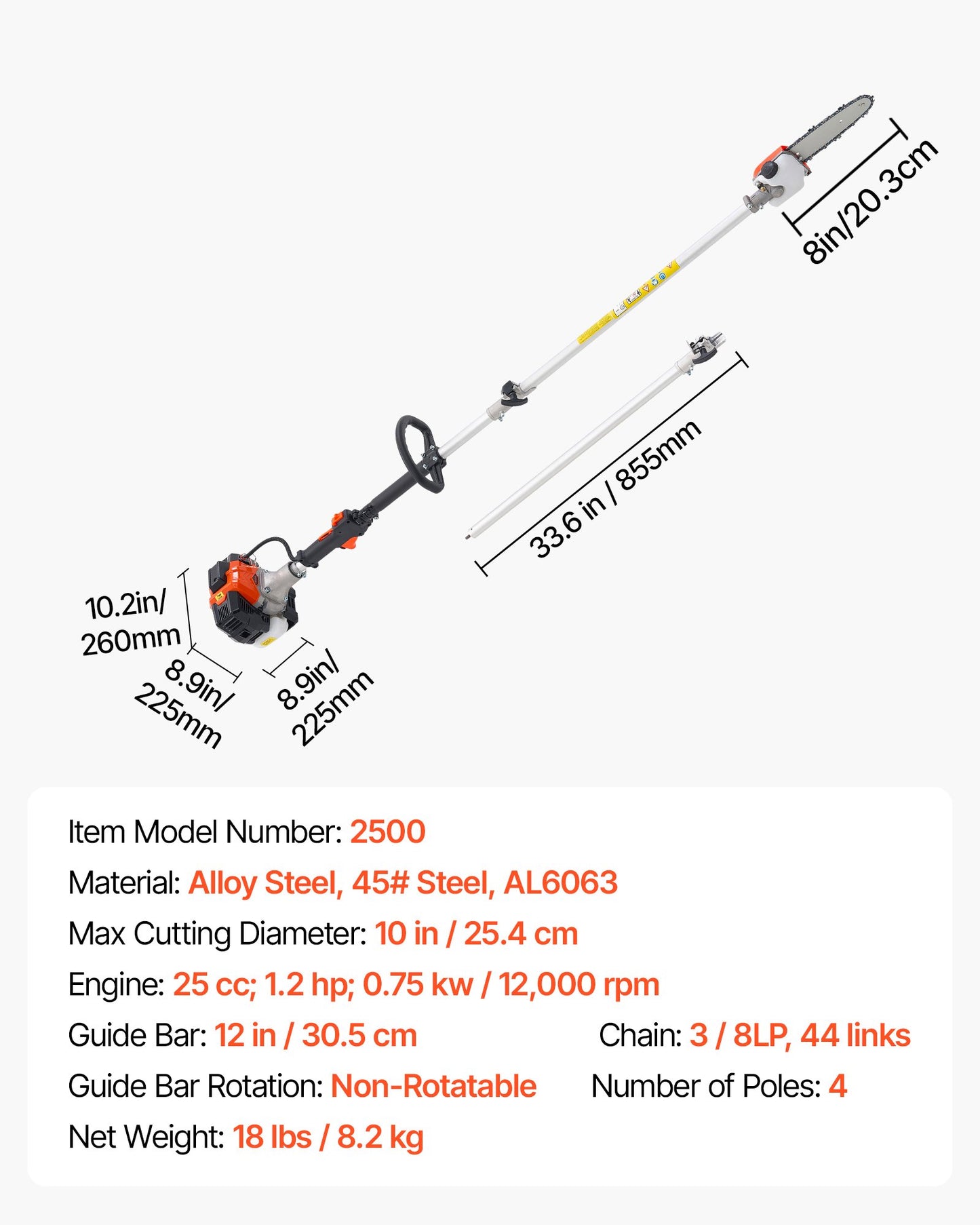 Bensindriven stångsåg, 25CC 2-takts bensindriven stångsåg med 20,3 cm skärsvärd, sladdlös trädtrimmer med 650 ml bränsletank, 2 till 2,74 m utdragbar, kraftfull motorsåg för trädbeskärning