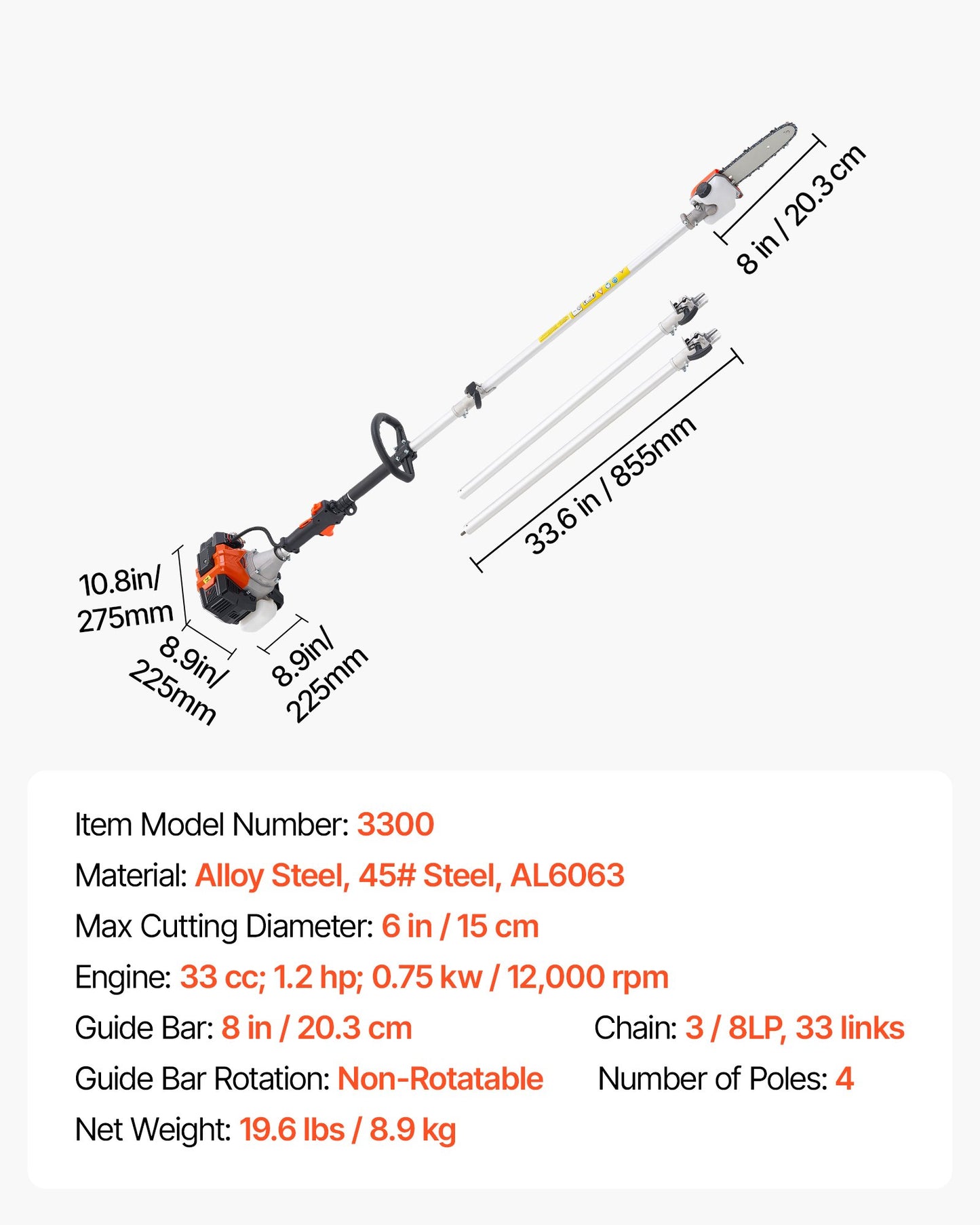 Bensindriven stångsåg, 33CC 2-takts bensindriven stångsåg med 20,3 cm skärsvärd, sladdlös trädtrimmer med 850 ml bränsletank, 2 till 3,5 m utdragbar, kraftfull motorsåg för trädbeskärning