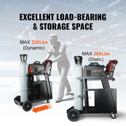 Svetsvagn, svetsvagn i två våningar med 4 lådor och en viktkapacitet på 120,2 kg, 360° svängbara hjul, säkerhetskedjor för tankförvaring, kraftig rullande MIG-svetsvagn för MIG-svets och plasmaskärare