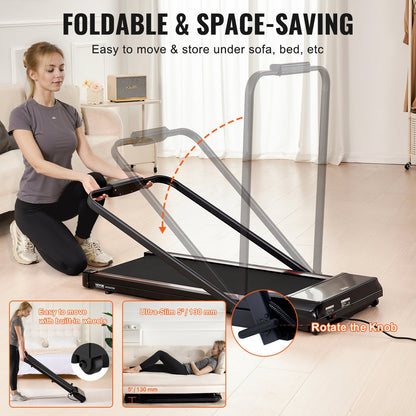 Gångmatta, löpband för under skrivbordet för hemmakontor, fungerande löpmaskin, hopfällbart löpband med kapacitet på 125 kg, bärbar 2,5 hk 2-i-1-matta med handtag, fjärrkontroll och LED-display