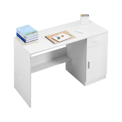 Litet skrivbord med låda, barnskrivbord för sovrum, enkelt trästudiebord för teckning, läsning, skrivning, rektangulärt MDF-studiebord med justerbar hylla för hem, kontor, vit