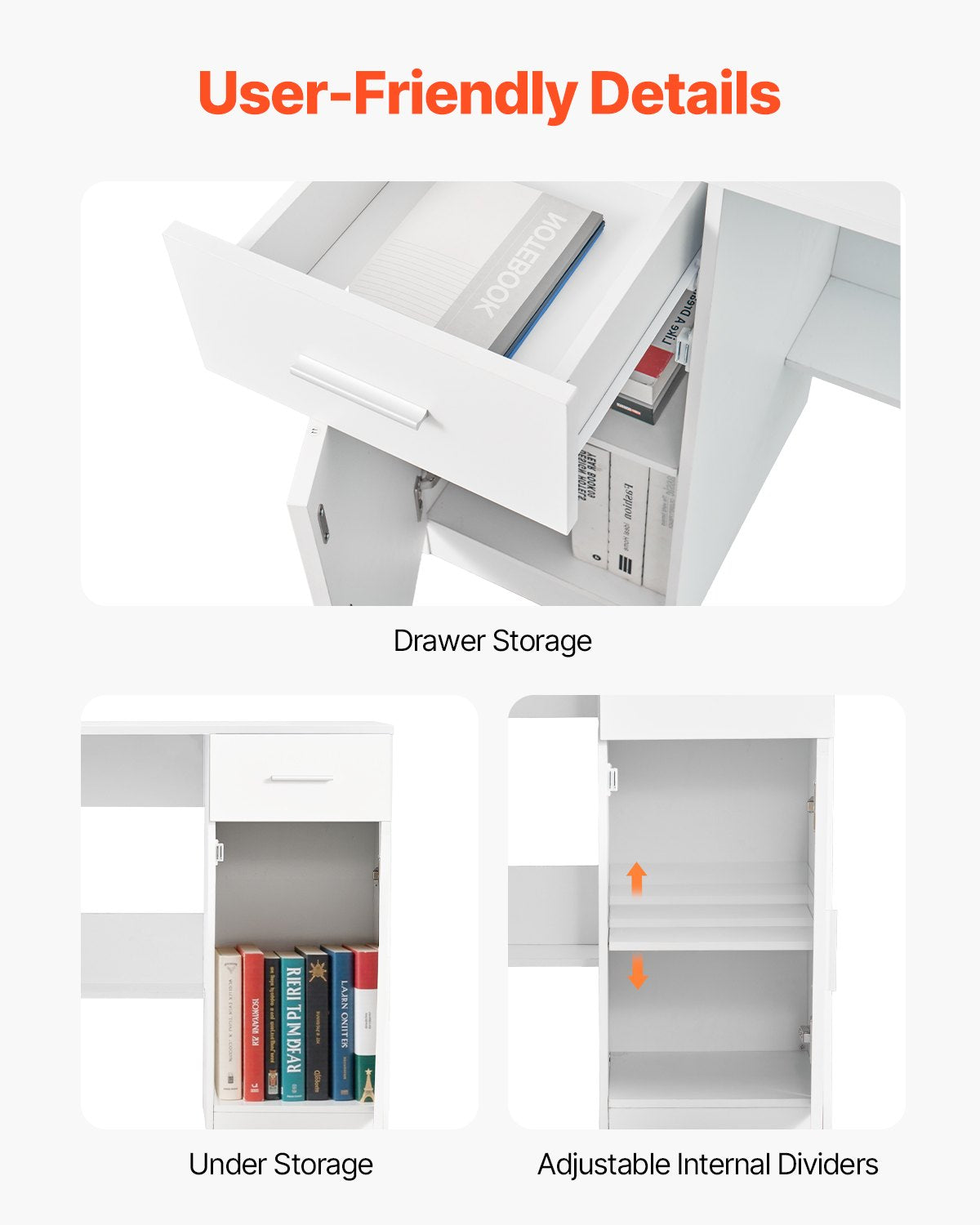 Litet skrivbord med låda, barnskrivbord för sovrum, enkelt trästudiebord för teckning, läsning, skrivning, rektangulärt MDF-studiebord med justerbar hylla för hem, kontor, vit