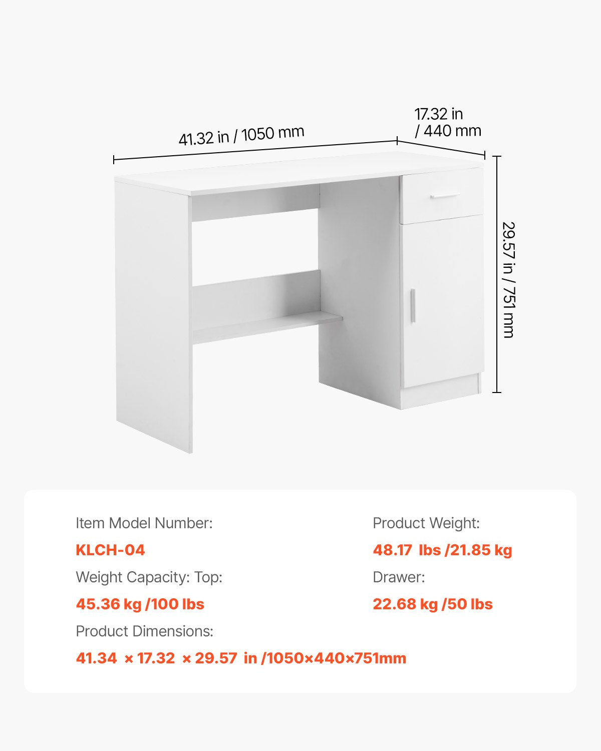Litet skrivbord med låda, barnskrivbord för sovrum, enkelt trästudiebord för teckning, läsning, skrivning, rektangulärt MDF-studiebord med justerbar hylla för hem, kontor, vit