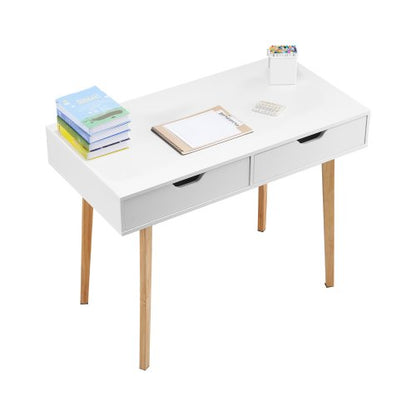 Litet skrivbord med lådor, barnskrivbord för sovrum, enkelt trästudiebord för teckning, läsning, skrivning, rektangulärt MDF-möbelstudiebord för hem, kontor, vit + trä