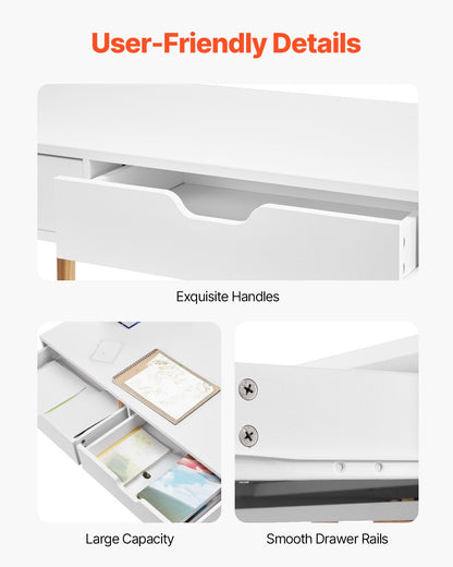 Litet skrivbord med lådor, barnskrivbord för sovrum, enkelt trästudiebord för teckning, läsning, skrivning, rektangulärt MDF-möbelstudiebord för hem, kontor, vit + trä