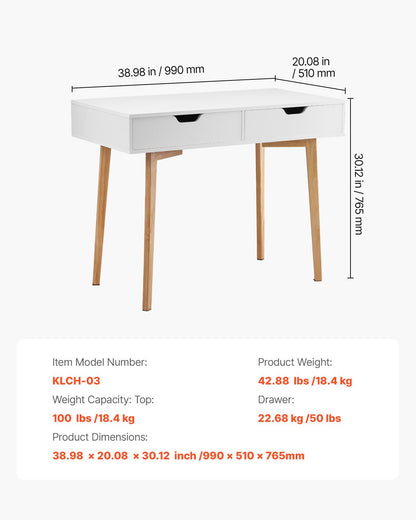 Litet skrivbord med lådor, barnskrivbord för sovrum, enkelt trästudiebord för teckning, läsning, skrivning, rektangulärt MDF-möbelstudiebord för hem, kontor, vit + trä