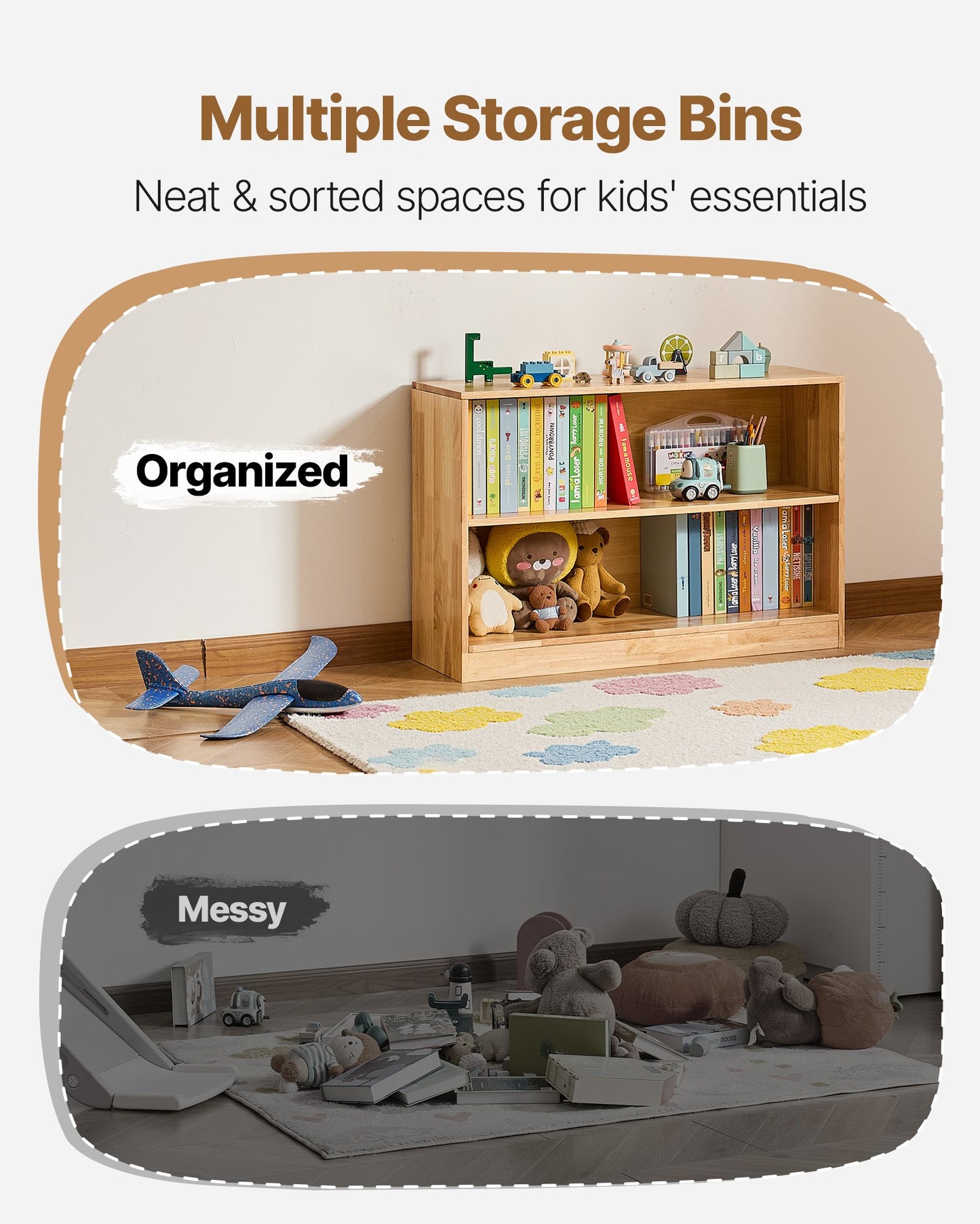Montessori Bookshelf, 870 mm Width Toy Storage Organizer, 2-Tier Kids Display Storage Cabinet, Daycare Furniture, Kids Bookshelf for Bedroom, Nursery, Living Room, Entryway, Preschool, Brown