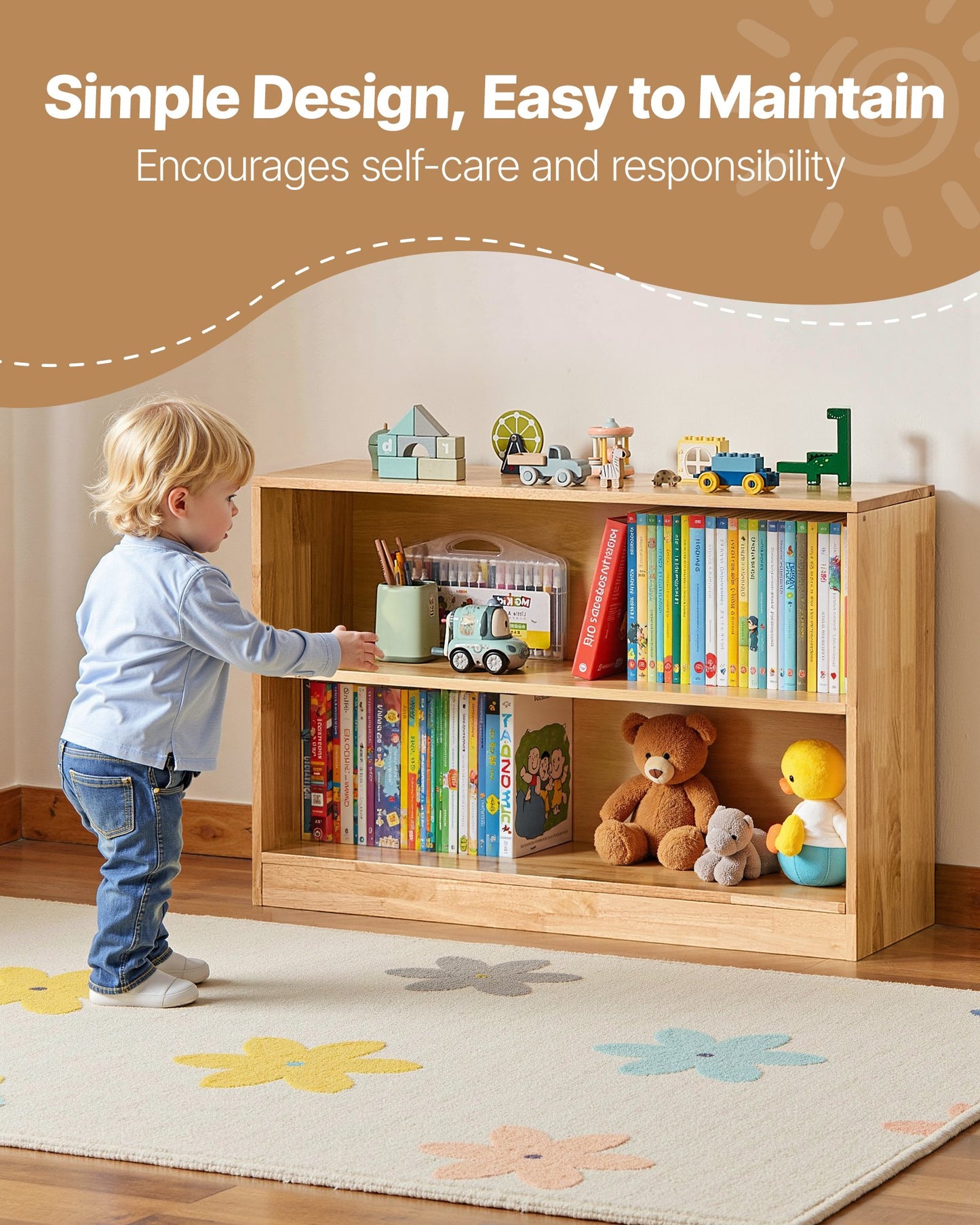 Montessori Bookshelf, 870 mm Width Toy Storage Organizer, 2-Tier Kids Display Storage Cabinet, Daycare Furniture, Kids Bookshelf for Bedroom, Nursery, Living Room, Entryway, Preschool, Brown