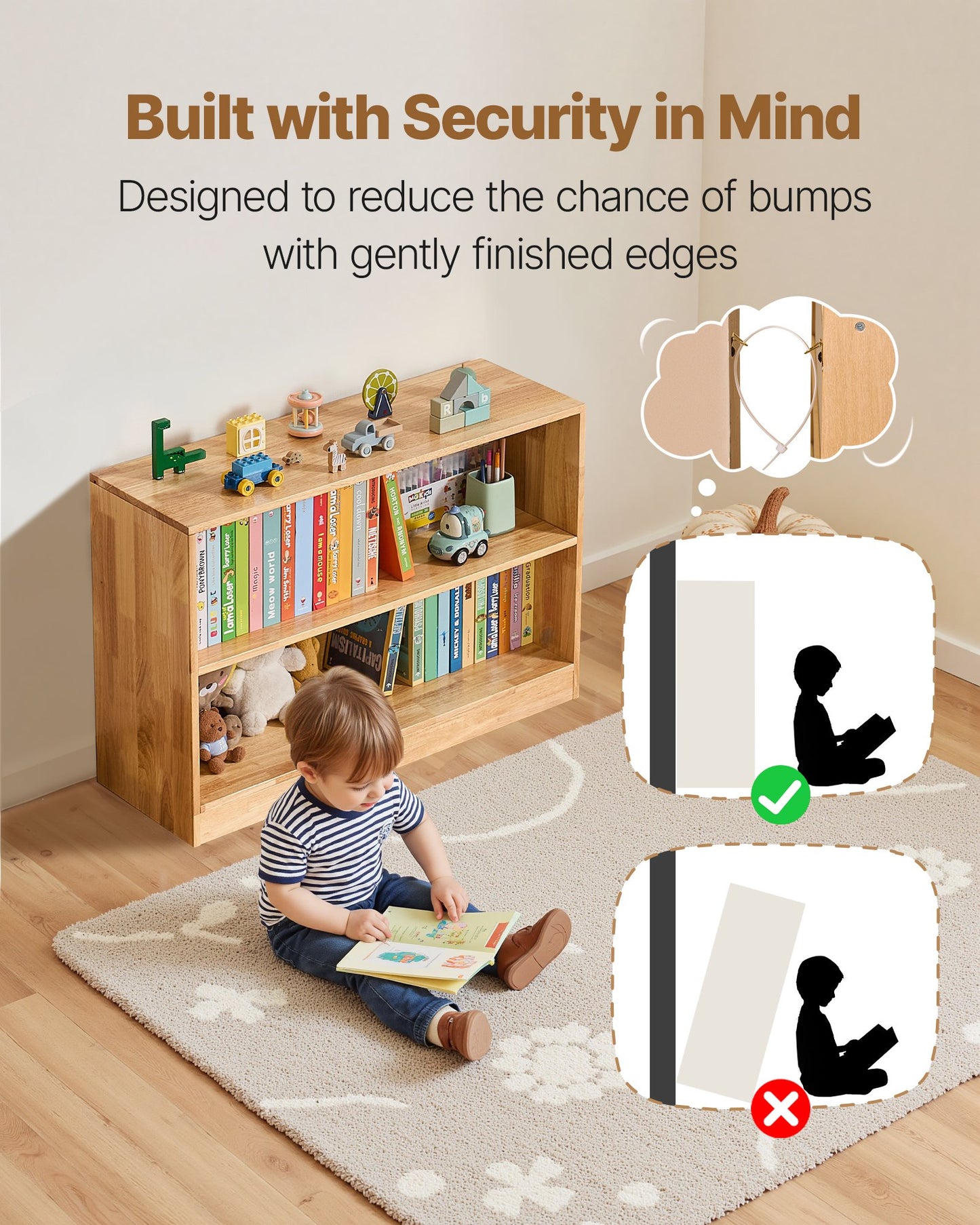 Montessori Bookshelf, 870 mm Width Toy Storage Organizer, 2-Tier Kids Display Storage Cabinet, Daycare Furniture, Kids Bookshelf for Bedroom, Nursery, Living Room, Entryway, Preschool, Brown