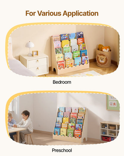 Montessoribokhylla, 5-våningars vågig barnbokhylla, framåtvänd småbarnsbokhylla, dubbla krokar för att hänga ryggsäckar, babybokhylla för barnrum, vardagsrum, entré, förskola, förskola