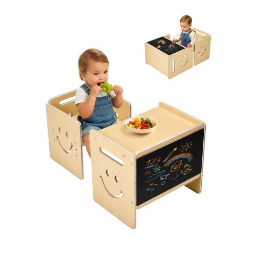 Montessori avvänjningsbord och stolsset, 3-i-1 träbord och stolar för småbarn med griffeltavla, justerbar höjd Montessoribord för åldrarna 1-5, perfekt för att rita, läsa, äta - naturlig