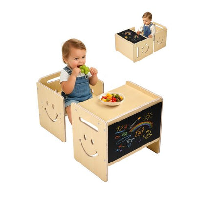 Montessori avvänjningsbord och stolsset, 3-i-1 träbord och stolar för småbarn med griffeltavla, justerbar höjd Montessoribord för åldrarna 1-5, perfekt för att rita, läsa, äta - naturlig