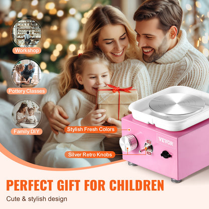 Mini keramikhjul, 0-320 varv/min justerbar hastighet avtagbar skålformningsmaskin, 2,56 tum/3,94 tum 2 skivspelare elektrisk keramikhjulsmaskin, 18 st tillbehör, för konsthantverk hem DIY, rosa