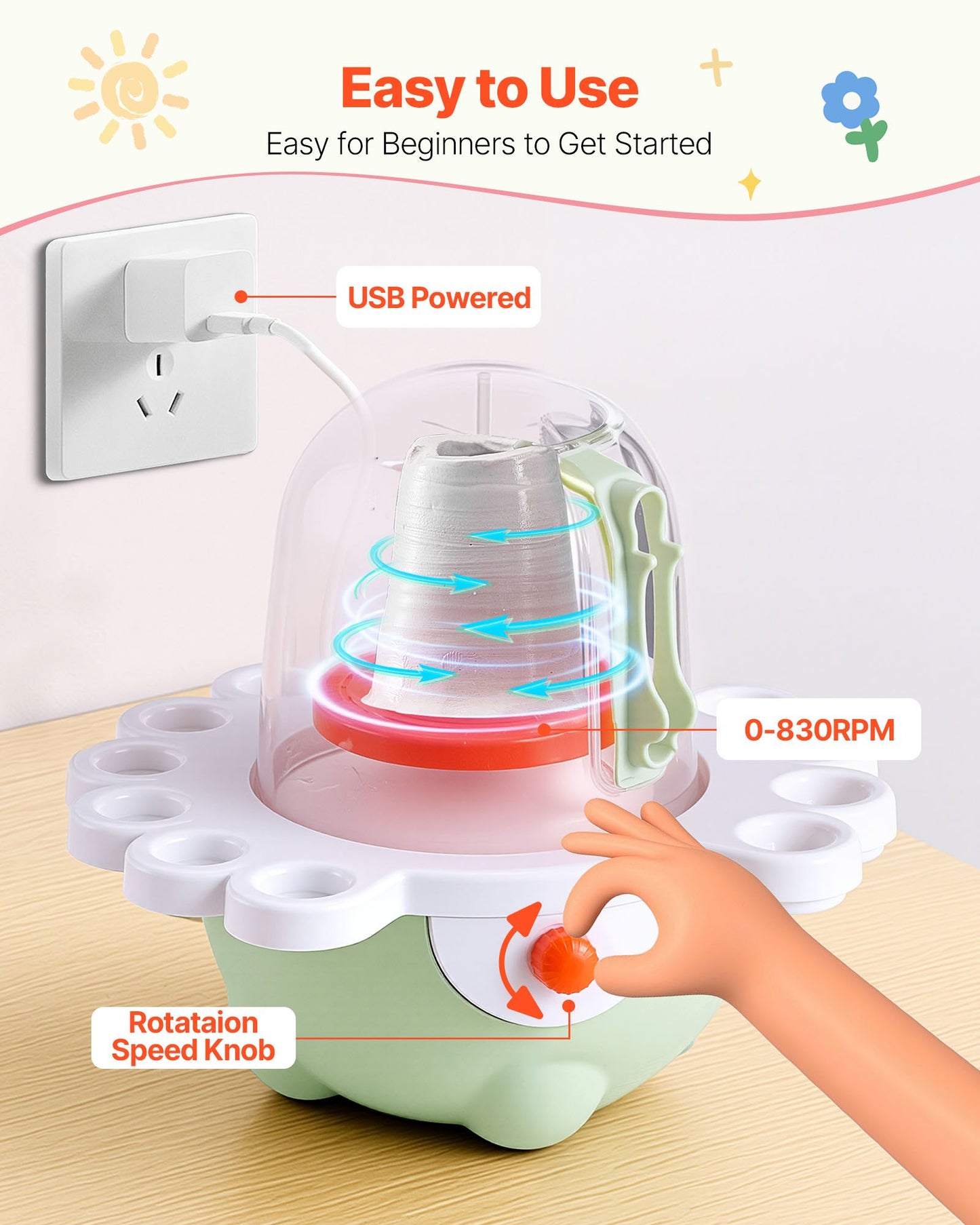Mini keramikhjul, 50 mm och 80 mm roterande tallrikar, justerbar hastighet, elektrisk lerhjul för barn och nybörjare, komplett keramikset med lerskulpturverktyg, present till pojkar och flickor, grön