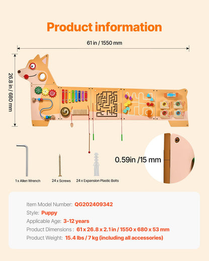 Aktivitetstavla med valpar, 12 aktiviteter, Montessori sensorisk väggleksak för barn 3-12 år, Montessori aktivitetscenter, perfekt för småbarnslekrum, barnrum och klassrum