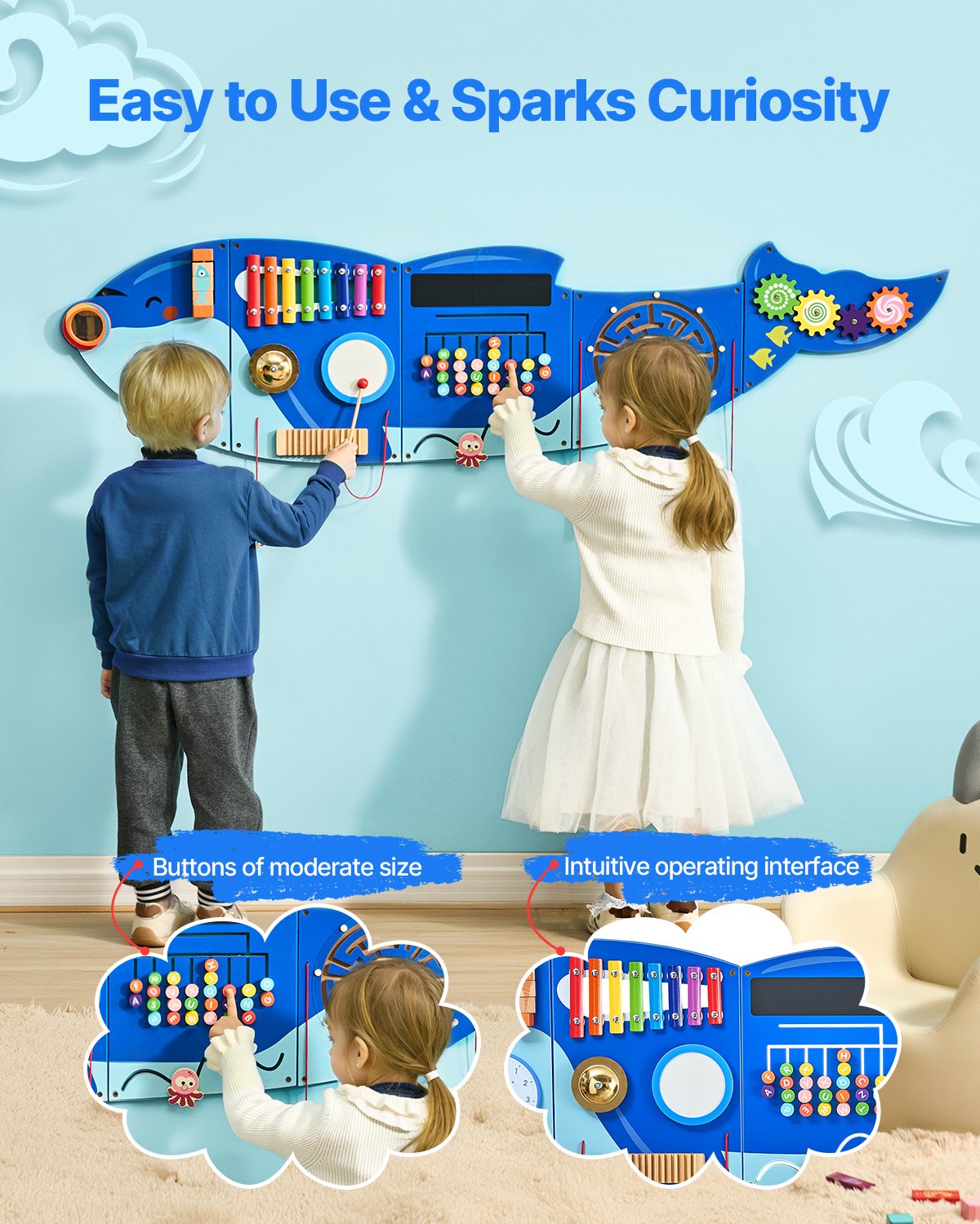 Orca Activity Wall Busy Board Panels, 12 Activities, Montessori Sensory Wall Toy for Kids 3-12 Years, Montessori Learning Activity Center, Ideal for Toddler Playroom Nursery Classroom