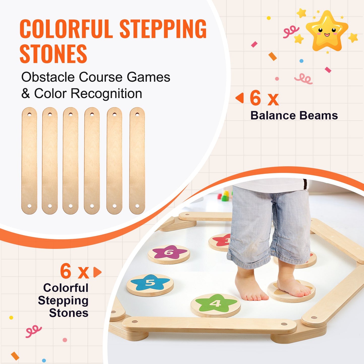 Balansbom Stepping Stones, 6 st träbalansbrädor för småbarn, Montessorileksak för barn 2-6, Bygg koordination och grovmotorik, Gymnastikbana inomhus och utomhus för flickor pojkar present
