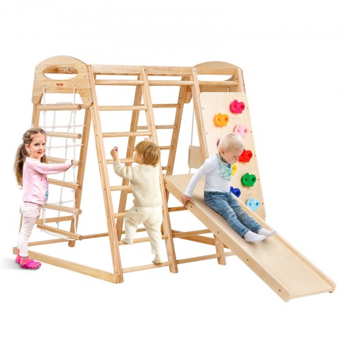 Indoor Jungle Gym, 7-in-1 Toddler Indoor Playground, 109 x 120 x 119.5 cm, with Wood and Rope Ladder, Net Ladder, Swing, Monkey Bar, Slide, Climbing Wall, Wooden Indoor Climbing Toys for Kids