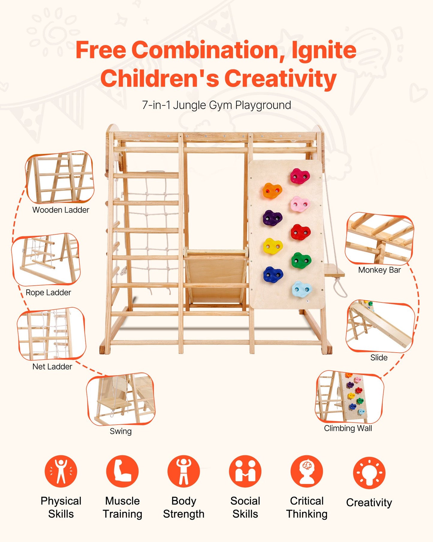 Indoor Jungle Gym, 7-in-1 Toddler Indoor Playground, 109 x 120 x 119.5 cm, with Wood and Rope Ladder, Net Ladder, Swing, Monkey Bar, Slide, Climbing Wall, Wooden Indoor Climbing Toys for Kids