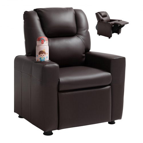 Kids Reclining Chair, Toddler Recliner with Cup Holder, 101° to 121° Adjustable Backrest, Easy-to-Clean PU Leather Recliner Couch with Footrest, 41 kg Load, for Boys & Girls, Children (Brown)